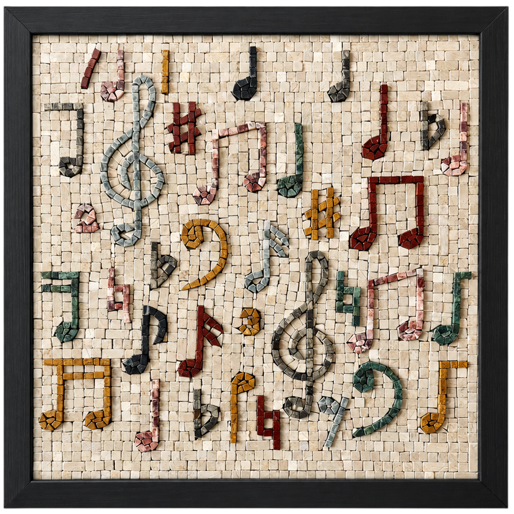 Framed handmade stone mosaic wall art with large treble clef and music notes