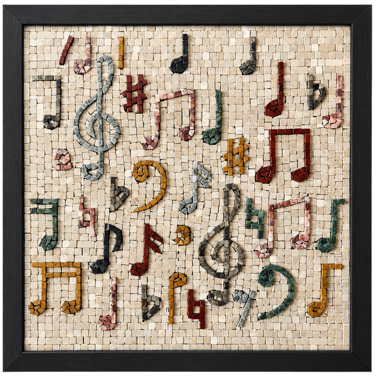 Framed handmade stone mosaic wall art with large treble clef and music notes