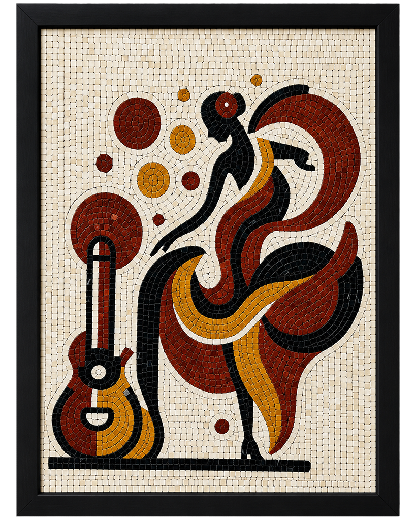 Mosaic wall art in black frame with dancer, guitar, and circular motifs in red tiles