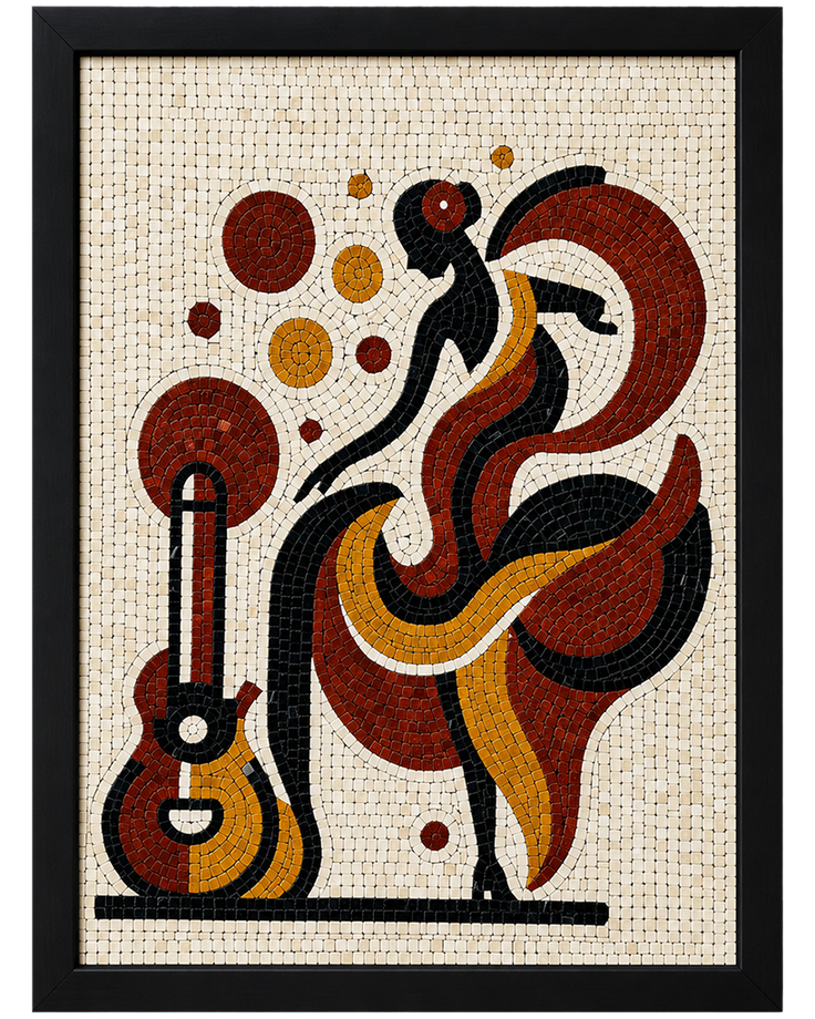 Mosaic wall art in black frame with dancer, guitar, and circular motifs in red tiles