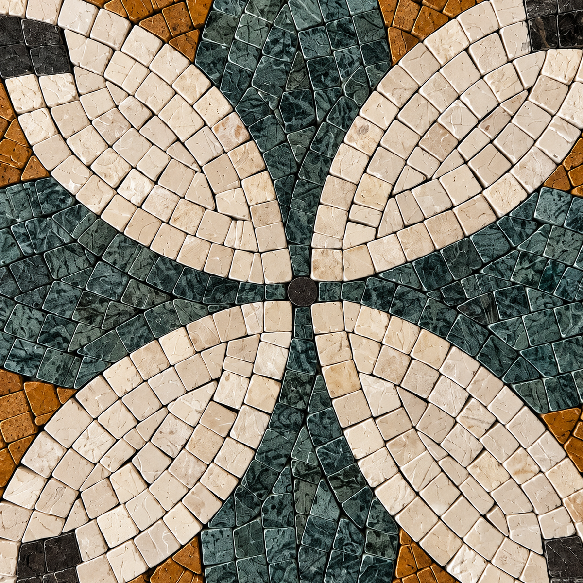 Handmade mosaic floral wall art: teal and white five-petal flower with stone tile rays