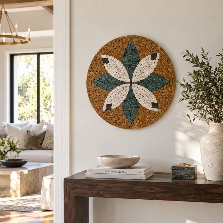 Round handmade mosaic floral wall art with teal and white flower on tan tile background