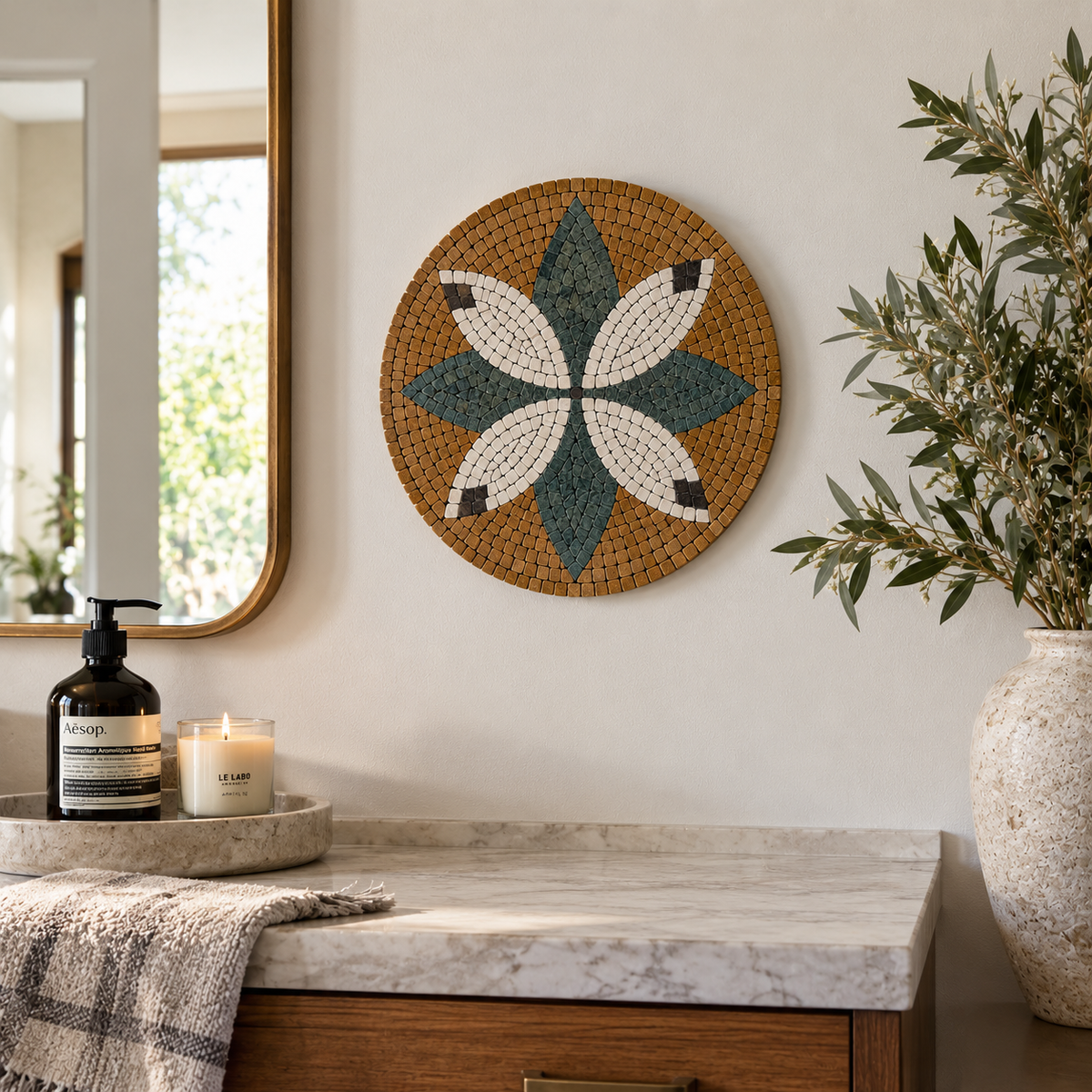 Handmade mosaic floral wall art, teal and white five-petal flower in round frame