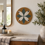 Handmade mosaic floral wall art, teal and white five-petal flower in round frame