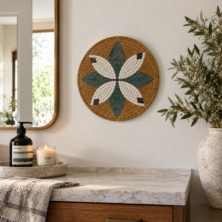 Handmade mosaic floral wall art, teal and white five-petal flower in round frame