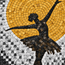 Dancer at dawn mosaic wall art with black silhouette on golden round panel