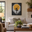 Framed mosaic wall art of a dancer silhouette with golden sun circle and white clouds