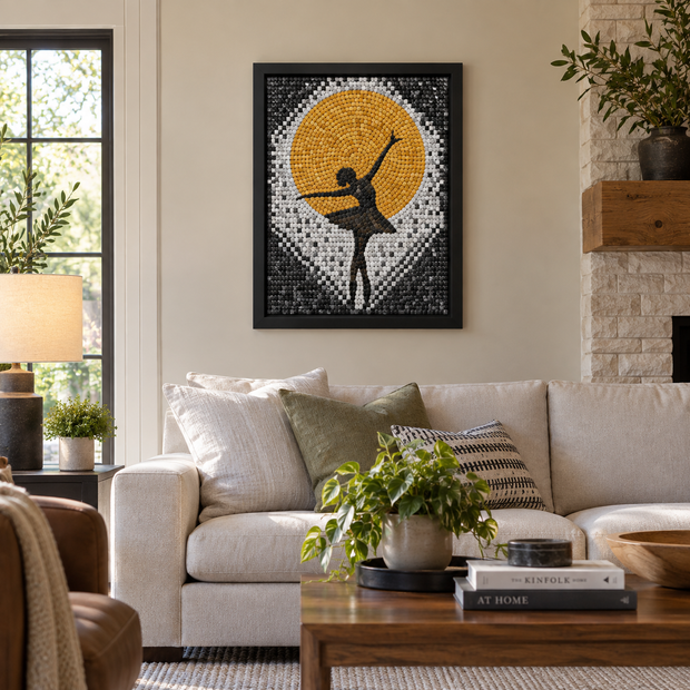Framed mosaic wall art of a dancer silhouette with golden sun circle and white clouds