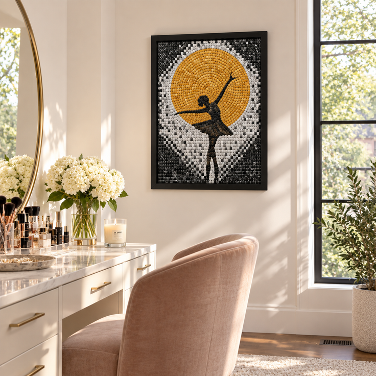 Framed dancer mosaic wall art with golden sun backdrop and black silhouette figure