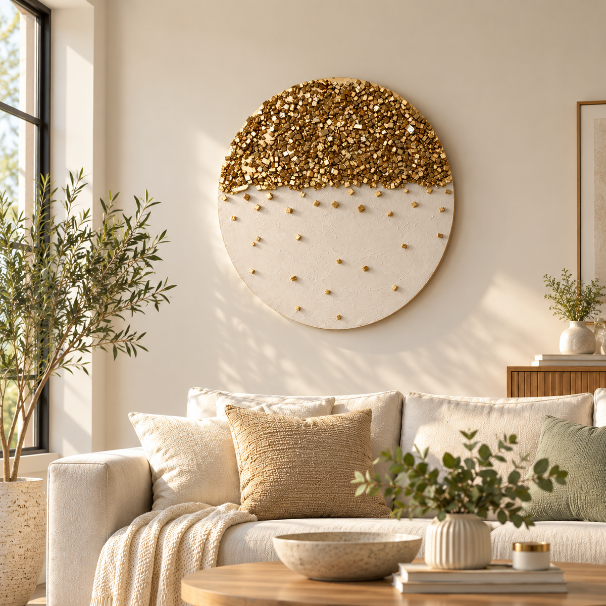 Round gold stone mosaic wall art with glittery top and small gold dots on white backing.