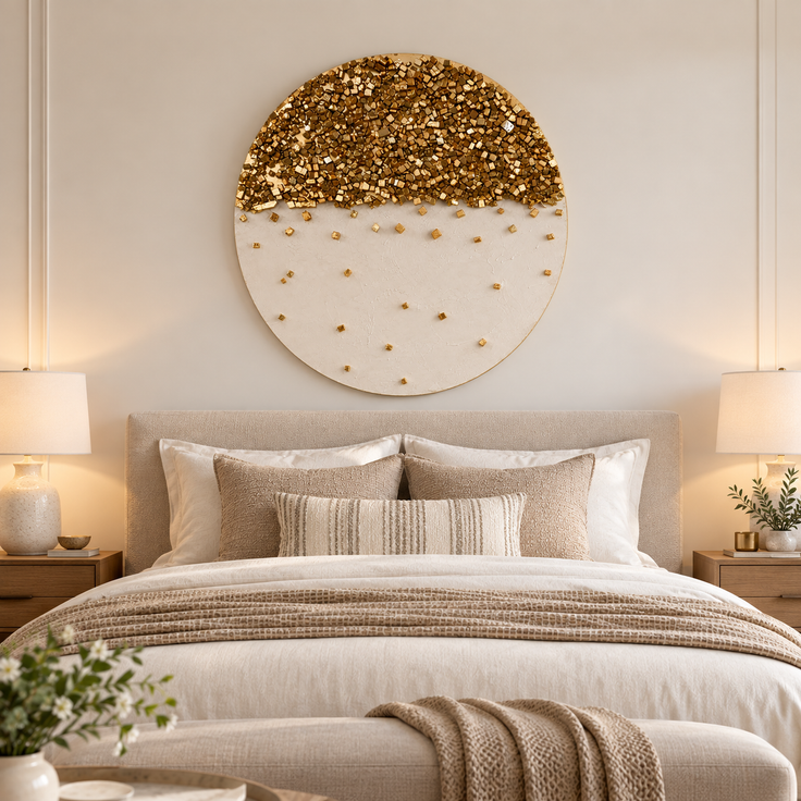 Round stone mosaic wall art with gold top half and scattered tiny gold accents on white backing.