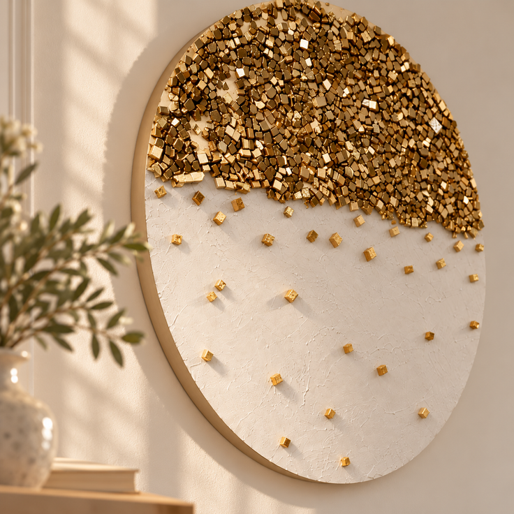Close-up round stone mosaic wall art with gold tile clusters and small gold dots on white backing.