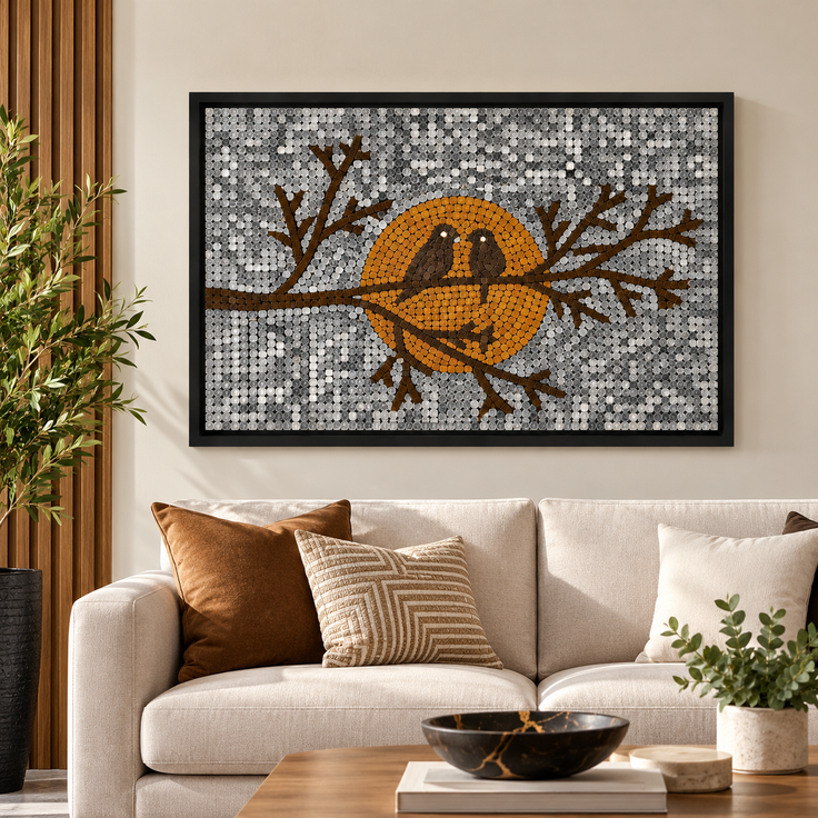Framed mosaic glass wall art panel with orange bird on branches, gray sparkle pattern