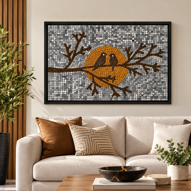 Framed mosaic glass wall art panel with orange bird on branches, gray sparkle pattern