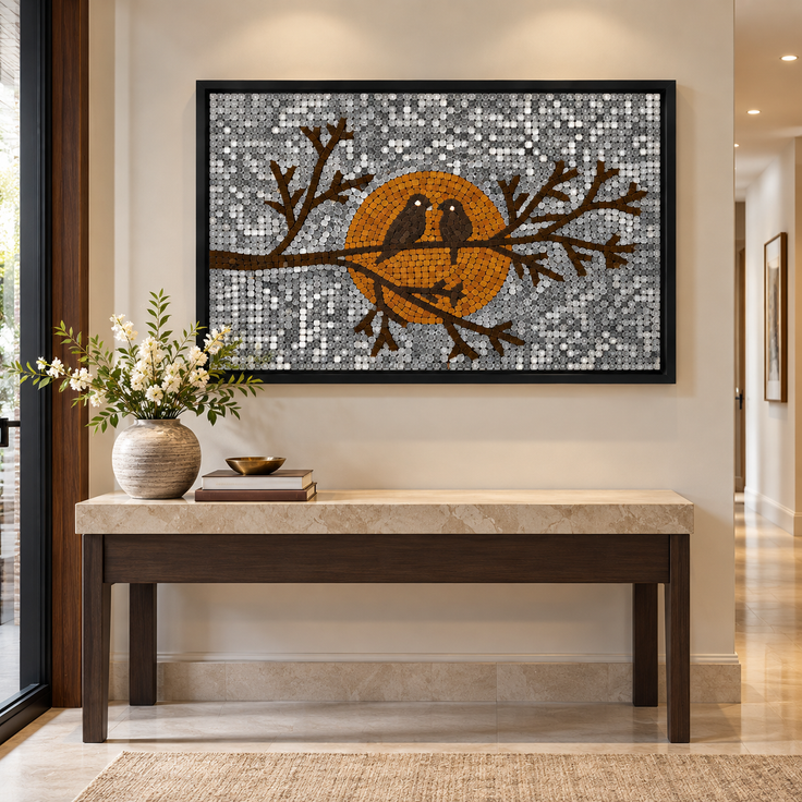 Framed mosaic glass bird wall art with orange bird and branches on gray dotted pattern