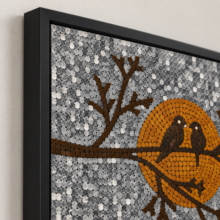Close-up framed mosaic glass panel: orange bird on branches with gray sparkle tiles