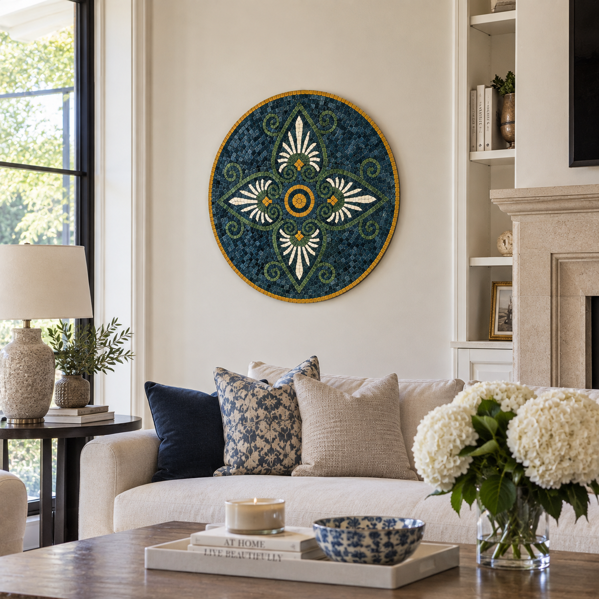 Round blue-green stone mosaic wall art with orange center, white petal rays, and gold trim