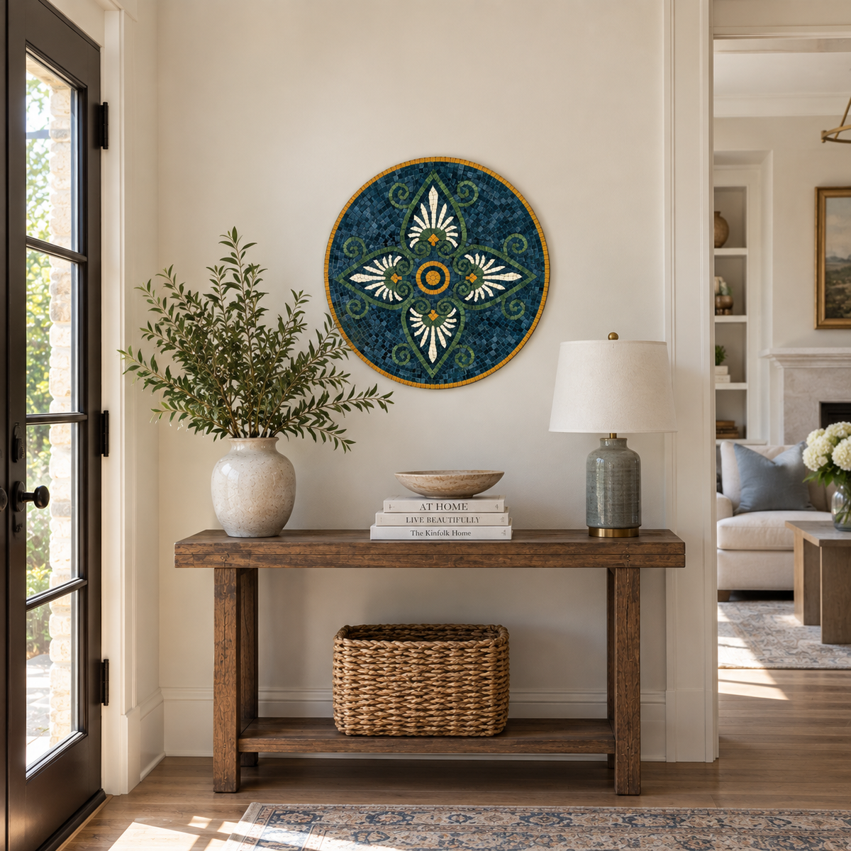 Round blue-green stone mosaic wall art with orange center and white petal accents