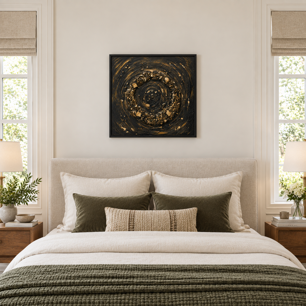 Framed stone mosaic wall art with gold circular swirl above the bed in a bedroom