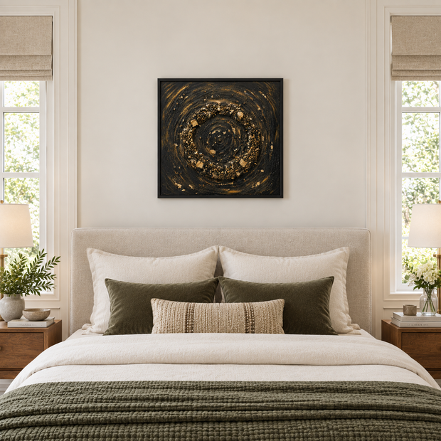 Framed stone mosaic wall art with gold circular swirl above the bed in a bedroom