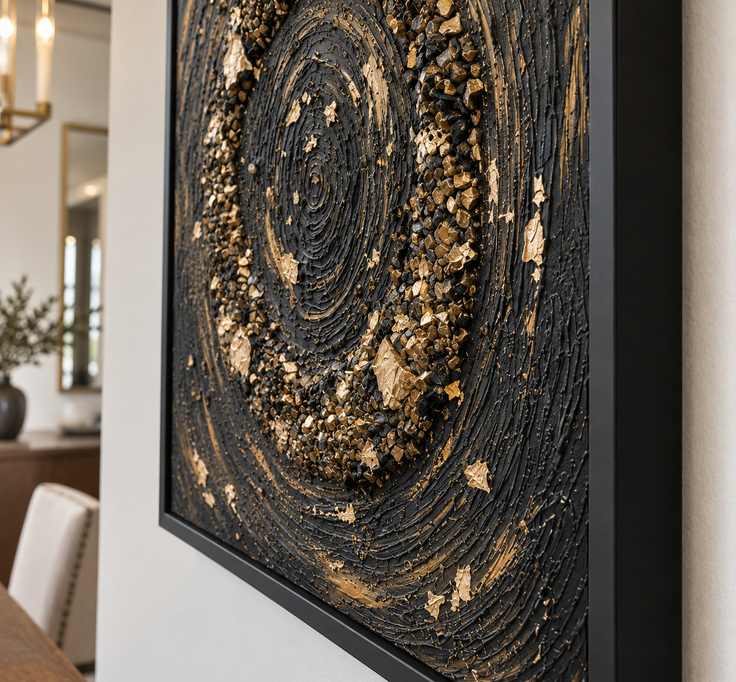 Close-up of framed stone mosaic wall art with gold flecks and spiral ring texture