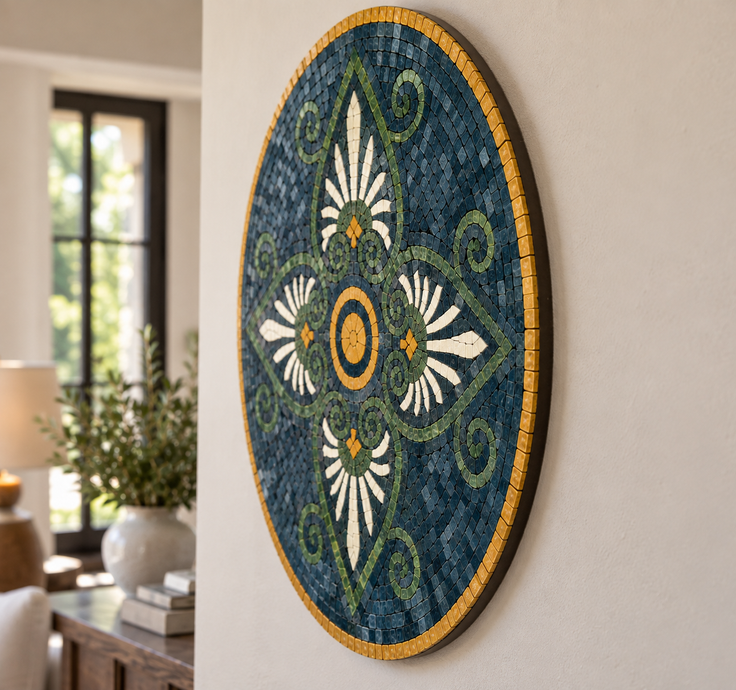 Oval blue-green stone mosaic wall art with white flower rays, orange center, and gold edge