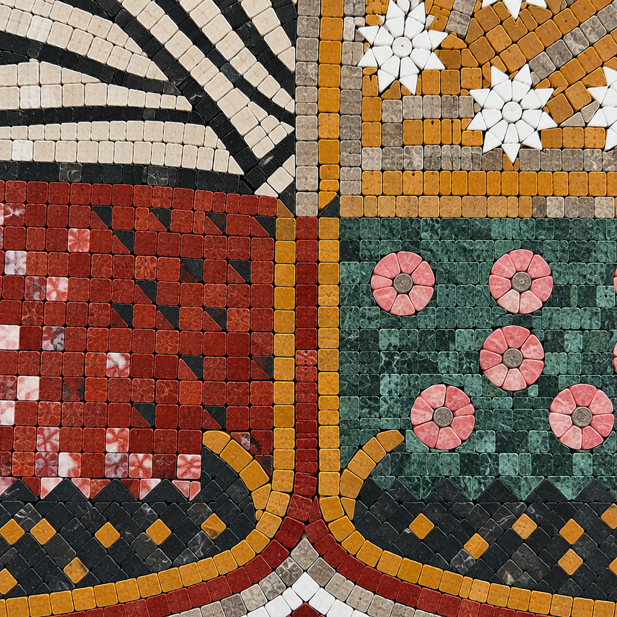 Patterned mosaic medallion section with leaf-like motif in red, gold, white, and teal