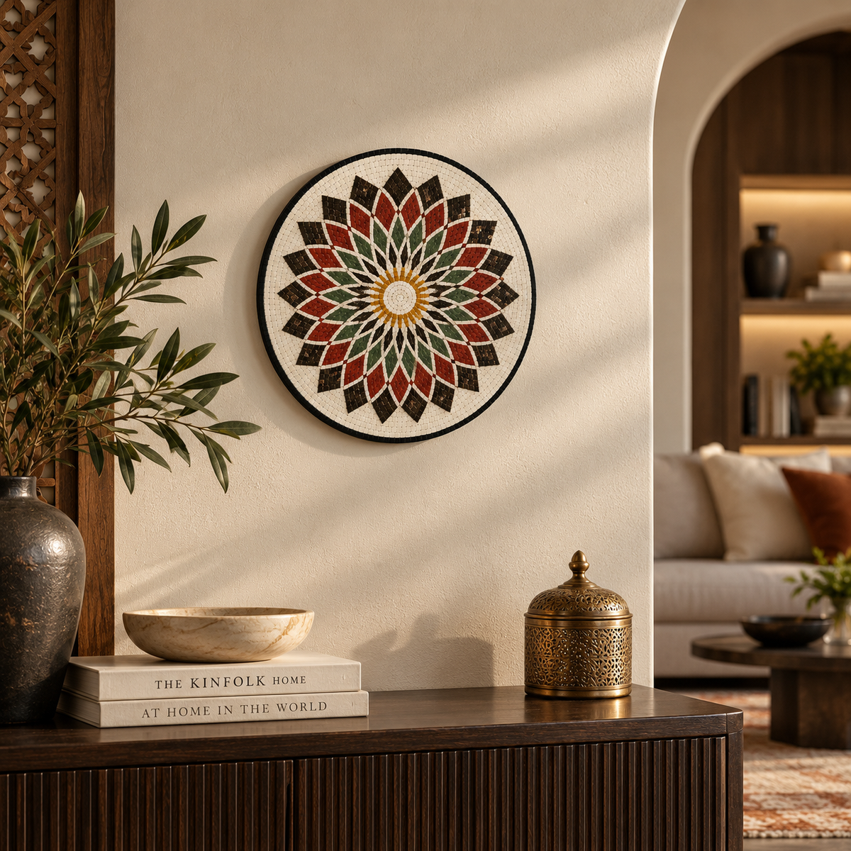 Round stone mosaic wall art featuring red and green flower with gold center