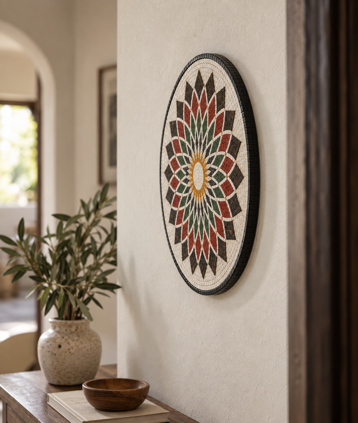 Handmade stone mosaic wall art with red, green, and cream floral pattern on round frame