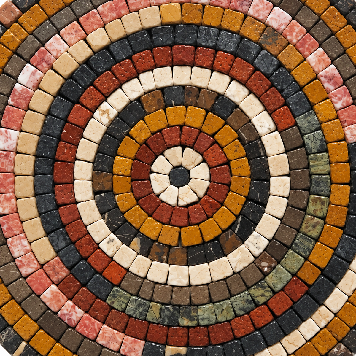 Close-up handmade stone mosaic wall art with concentric rings of multicolor stones