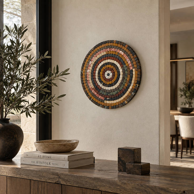 Round handmade stone mosaic wall art with concentric earth-tone circles, centered