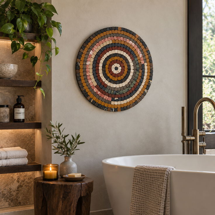 Round handmade stone mosaic wall art with concentric earth-tone circles, wall mounted