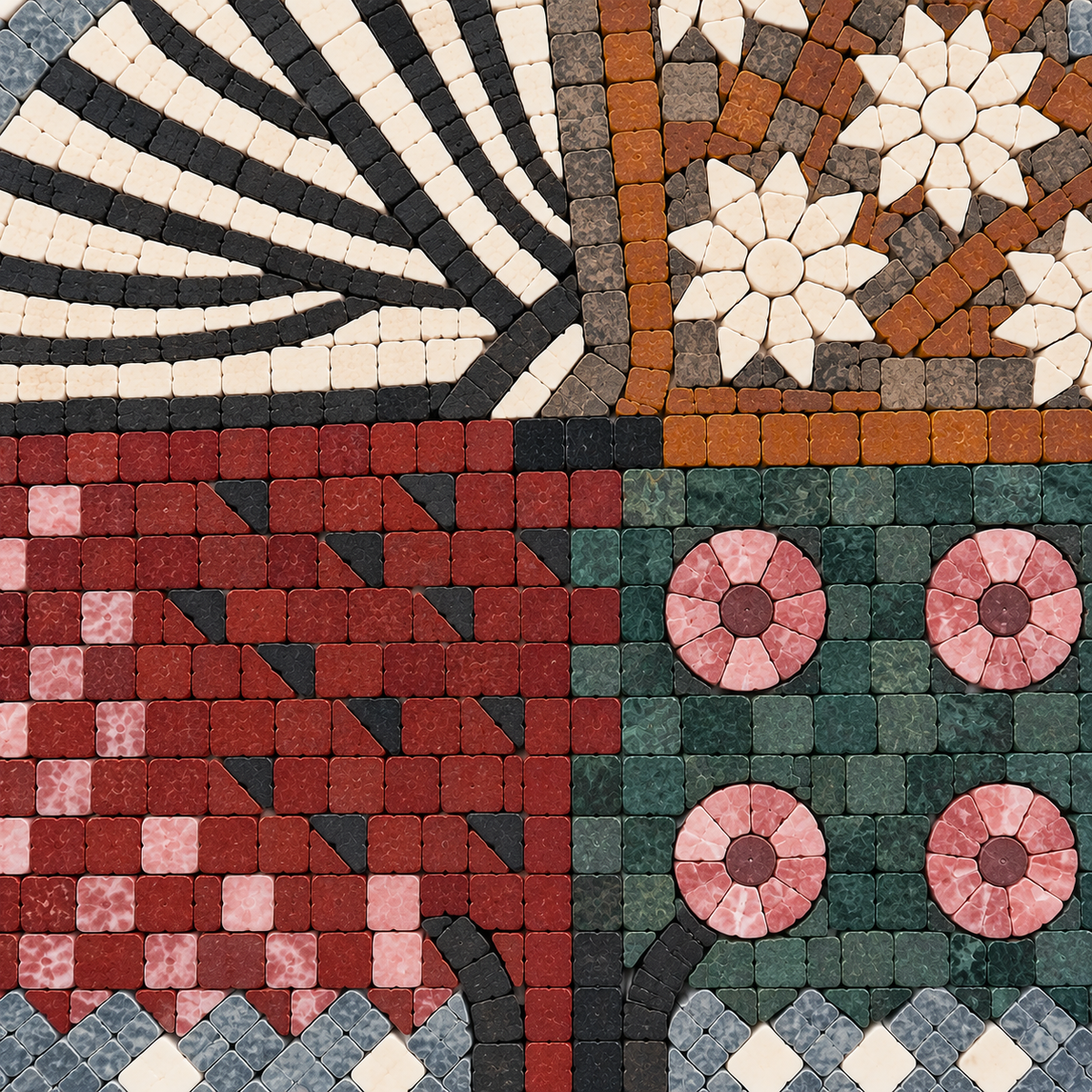 Stone mosaic detail with red tiles, green grid, and pink flower rosette centers.