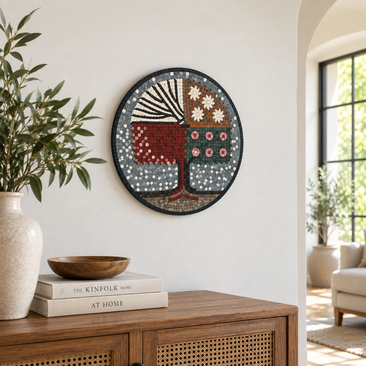 Round stone mosaic wall art: seasonal tree with red, green, and tan accents.