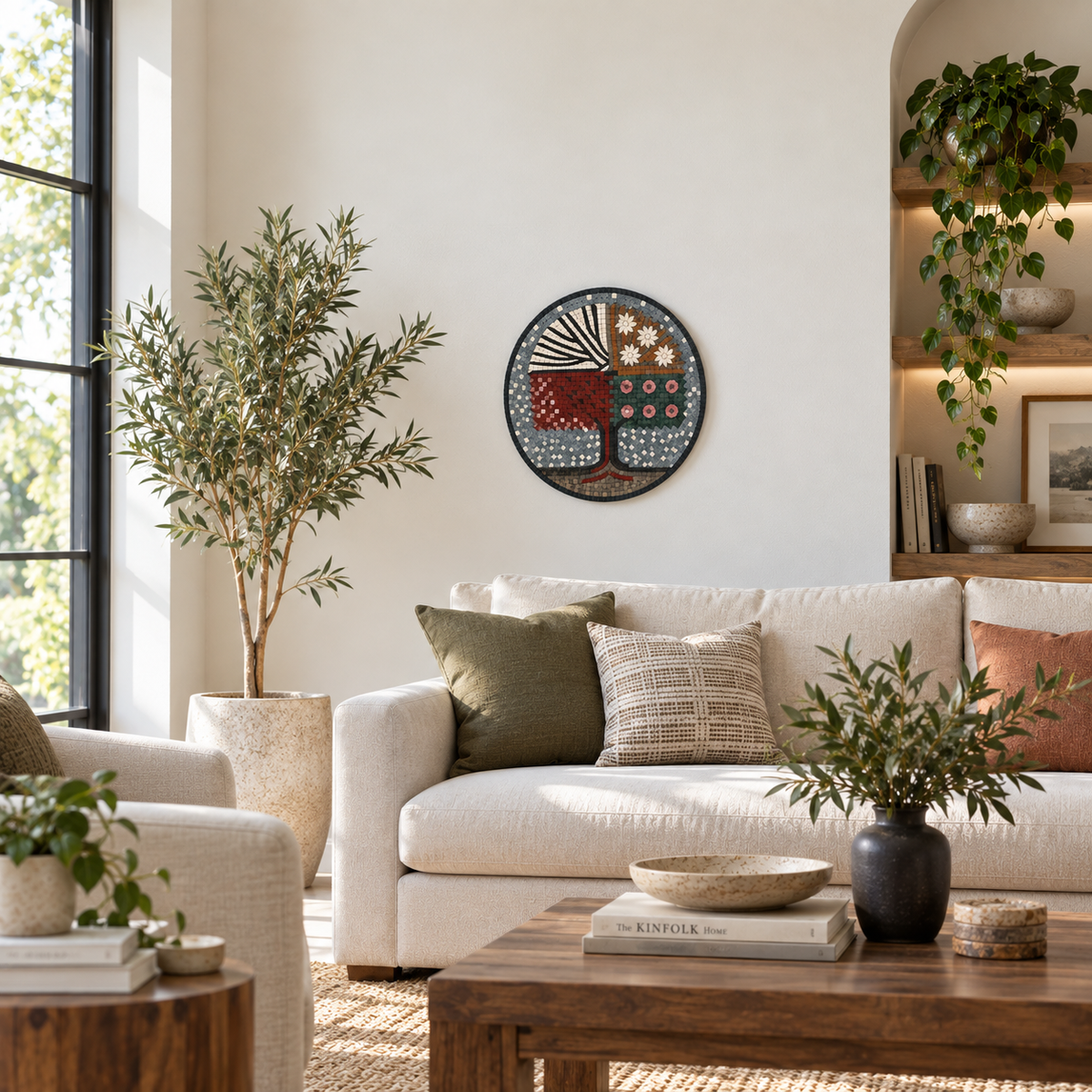 Round stone mosaic wall art with branching tree design and small white flower tiles.