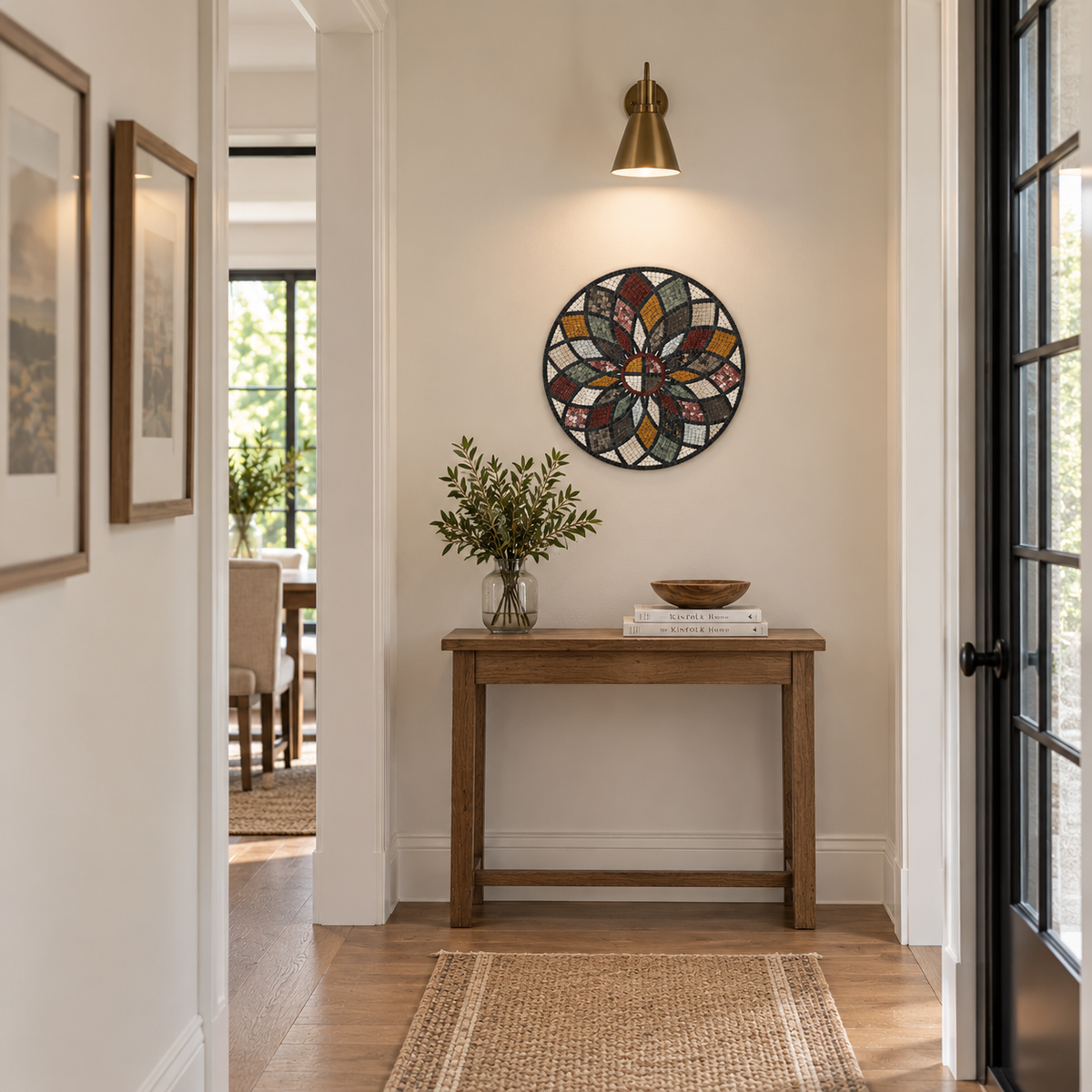 Round stone mosaic wall art centered on a wall with multicolor starburst flower design
