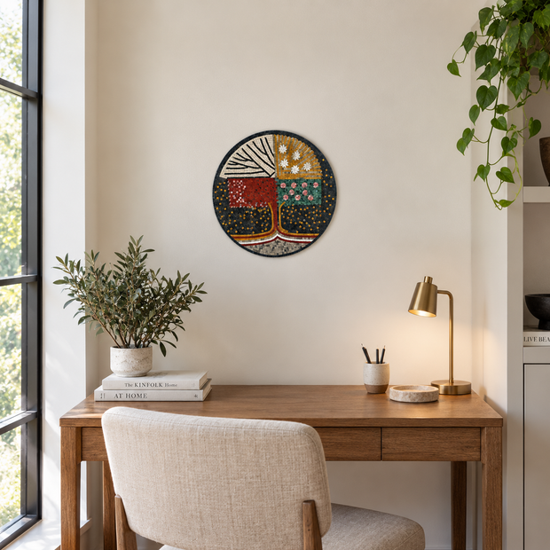 Mosaic medallion wall art with round patchwork design in dark, red, gold, and green tones