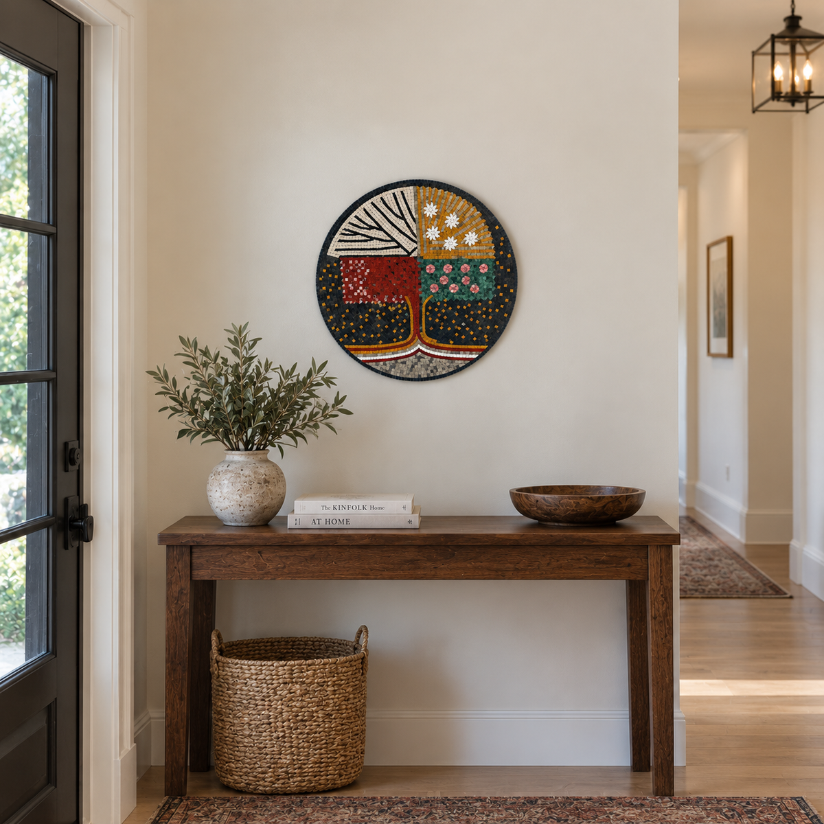 Round mosaic medallion wall decor featuring multicolor geometric tree and leaf design