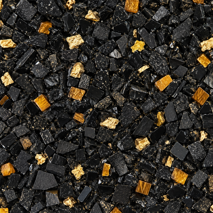 Handmade stone mosaic wall art surface: black tiles with scattered gold square pieces