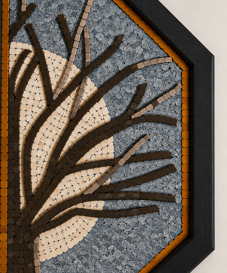 Close-up octagonal stone mosaic wall art of branching tree design in blue-gray and tan