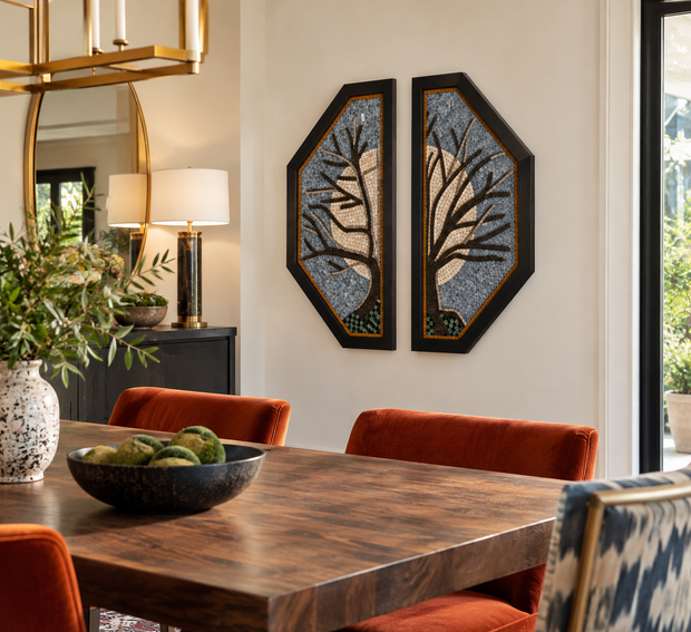 Two octagonal stone mosaic wall arts with tree branches, blue-gray and tan accents