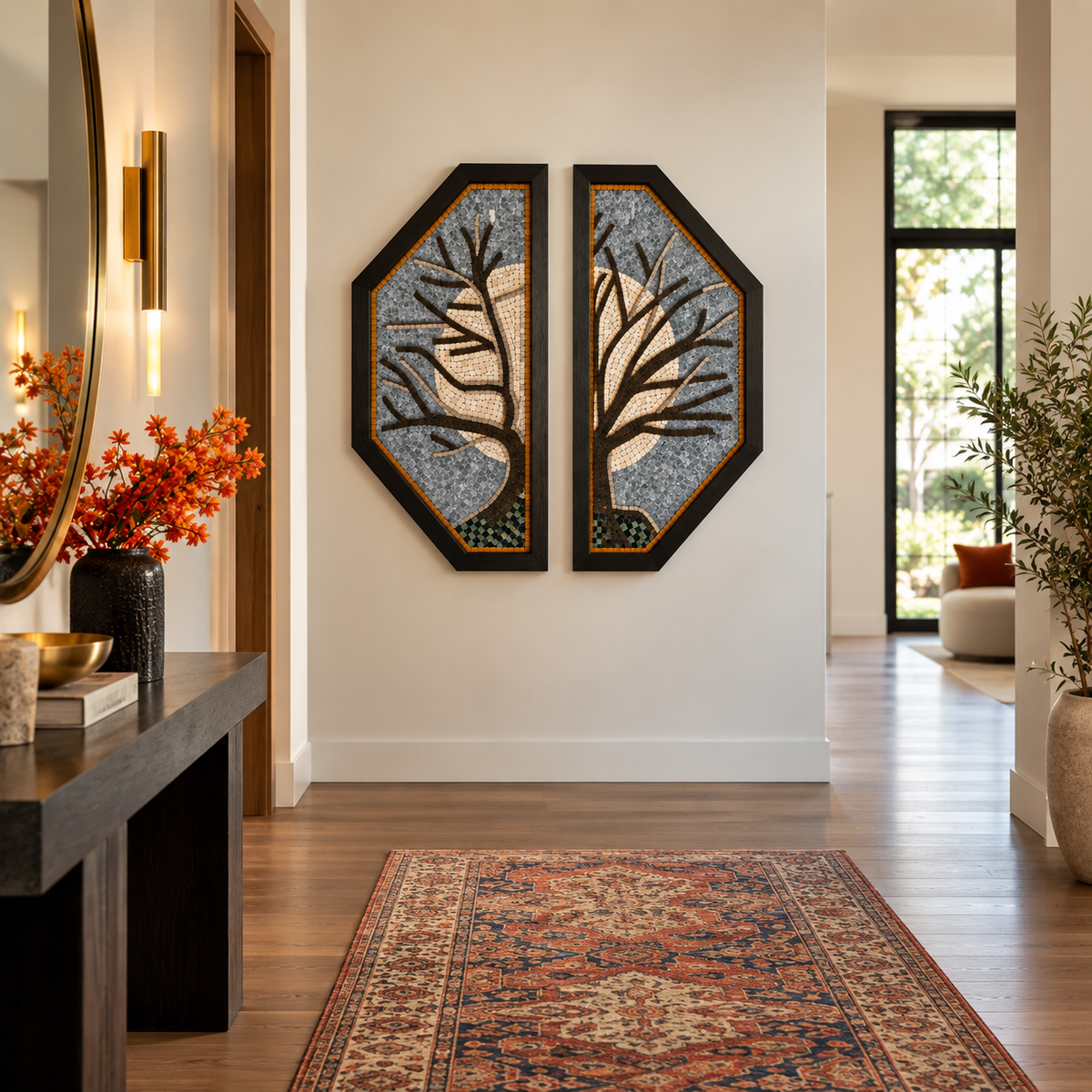 Two octagonal stone mosaic wall arts with leaf-branch design, blue-gray stone and tan highlights