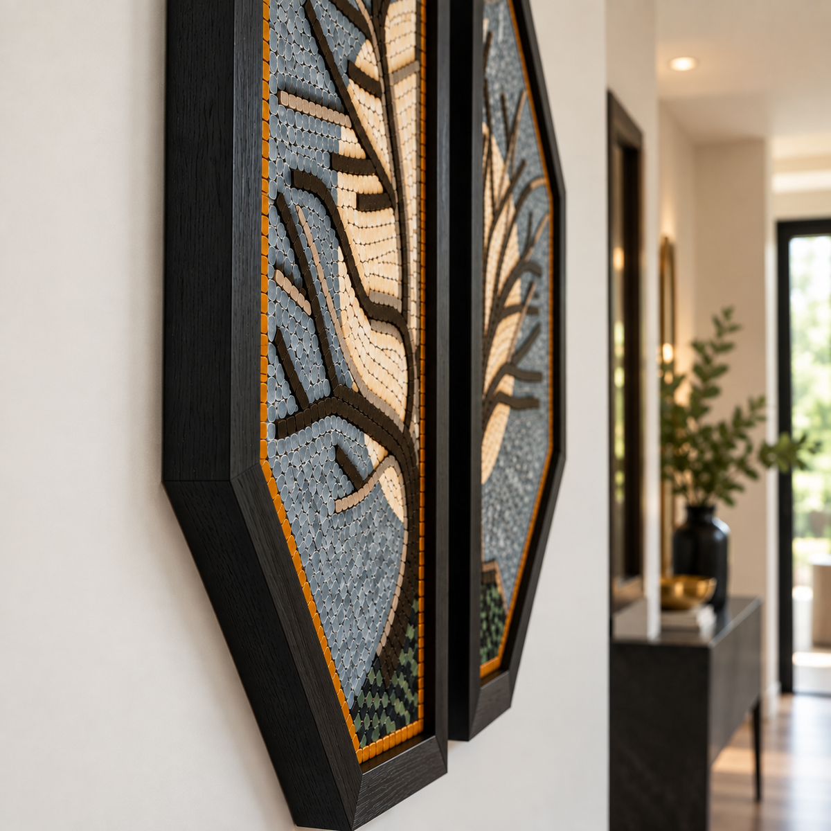 Octagonal stone mosaic wall art with blue-gray and tan branch design in dark frame