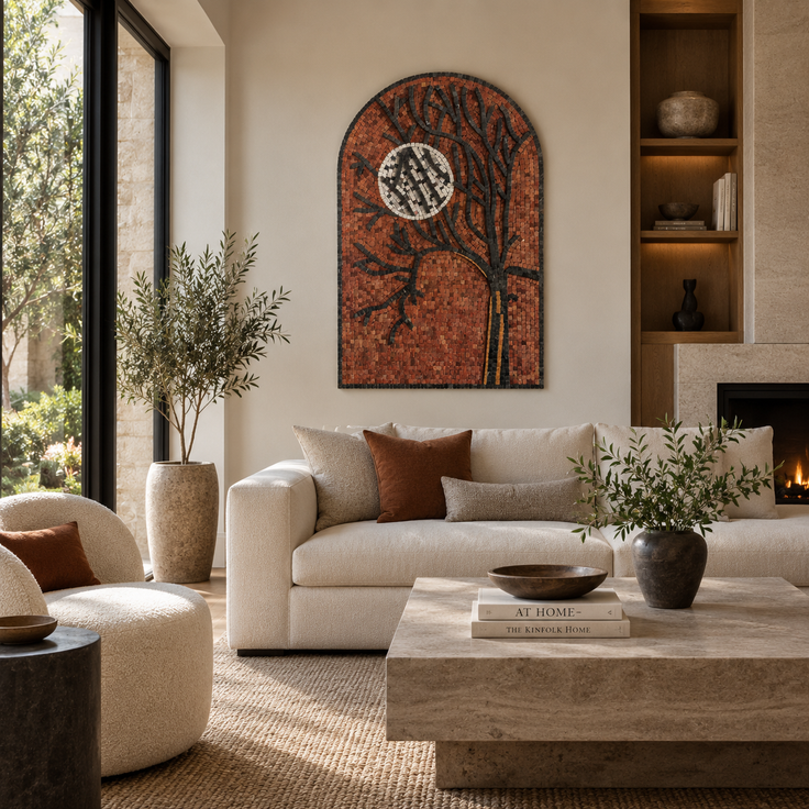 Arched stone mosaic wall art with orange trunk, black branches, and a white moon circle