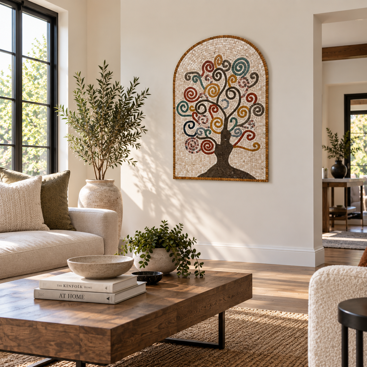 Arched stone mosaic wall art of a stylized tree, inlaid colorful tiles with wooden border
