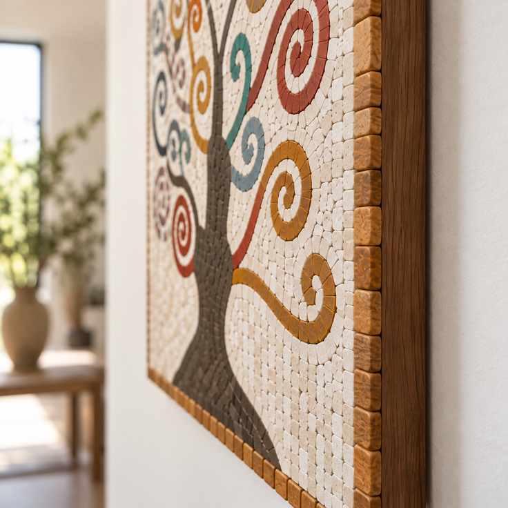 Stone mosaic wall art panel with tree design and dark wooden frame, close-up corner