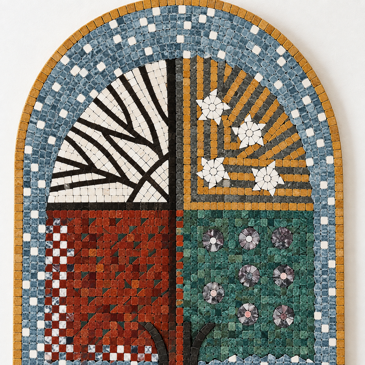 Arched handmade stone mosaic wall art showing two-tone tree canopy, trunk, and flower details