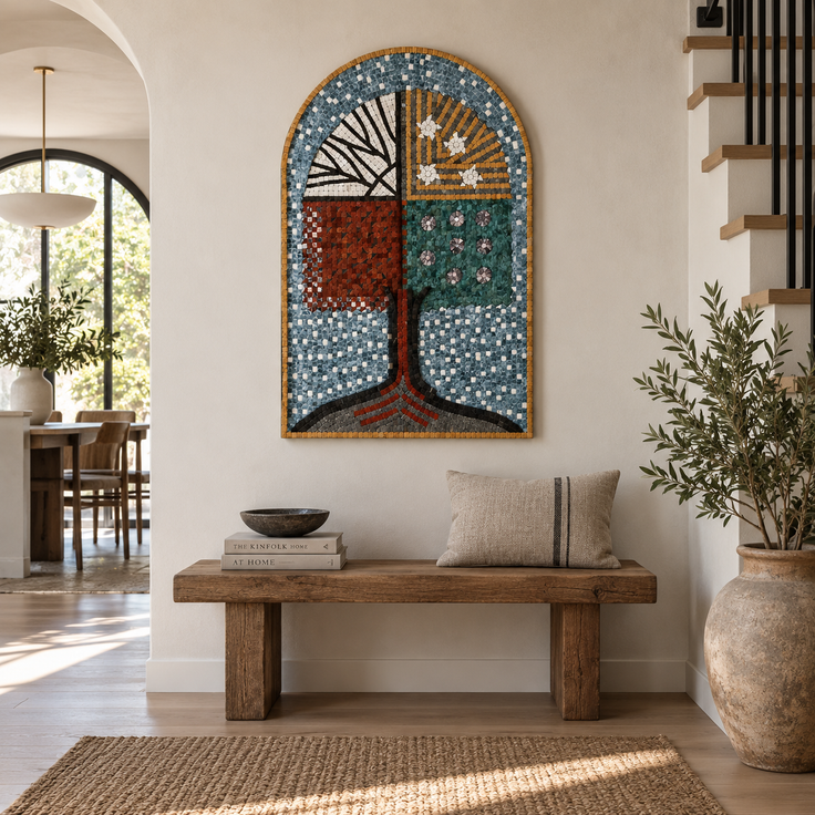 Handmade arched stone mosaic wall art featuring tree design displayed above a wooden bench