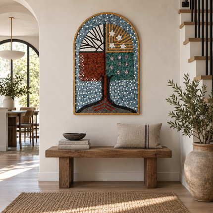 Handmade arched stone mosaic wall art featuring tree design displayed above a wooden bench
