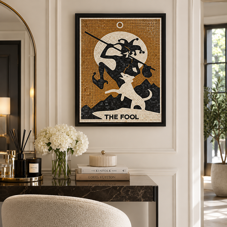 Framed amber mosaic wall art panel featuring a tarot-style figure in black and white.